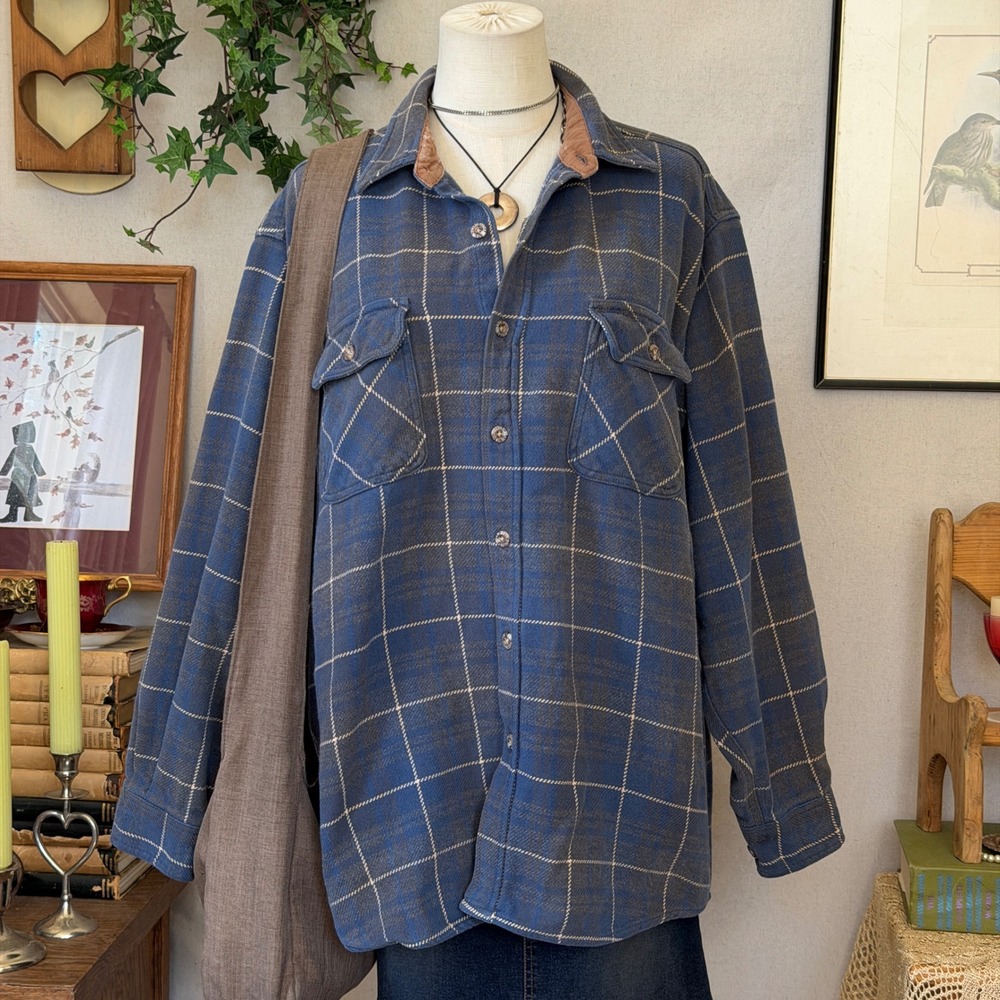 Chunky Blue Plaid Cotton Button Shirt Corduroy Trim Granola Boho XL Distressed